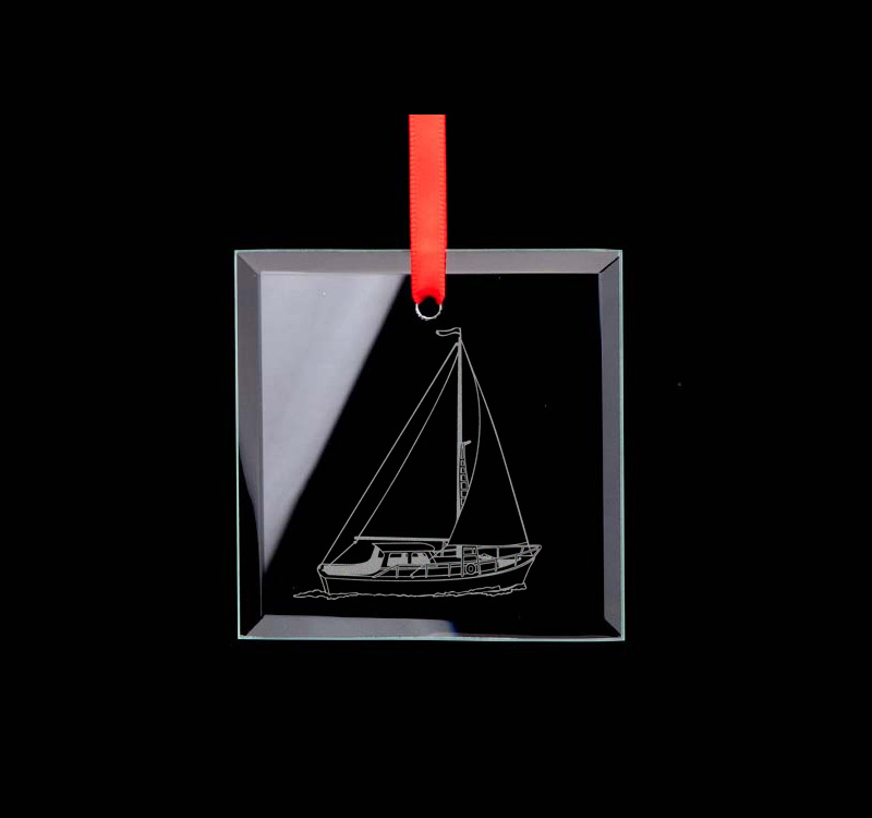 Square glass engraved Christmas ornament / sun catcher with personalized text and the sailboat design of your choice. Sailboat Ornament