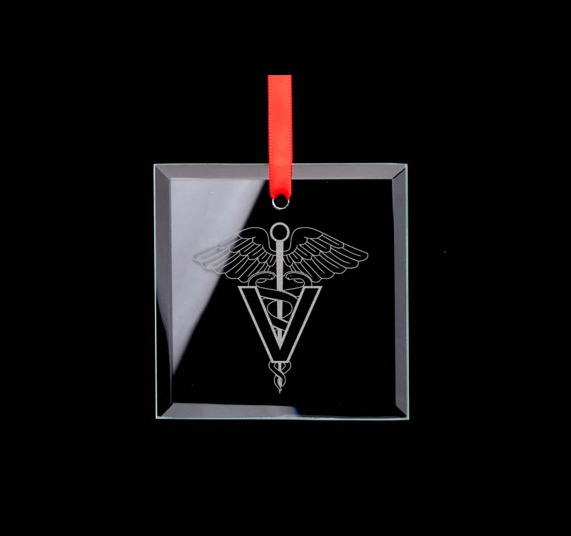Square glass engraved Christmas ornament / sun catcher with personalized text and the medical design of your choice. Medical Ornament
