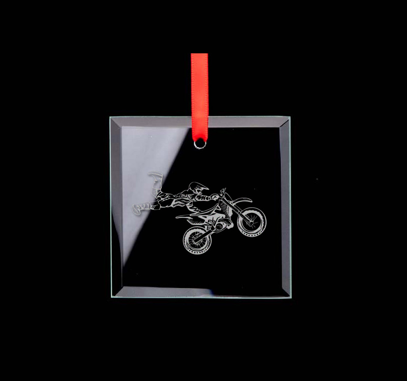 Custom engraved square glass ornament with your choice of motorcycle design and personalized text. Motorcycle Ornament