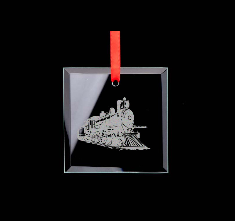 Custom engraved square glass ornament with your choice of train design and personalized text. Train Ornament