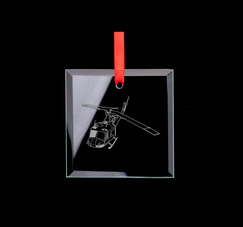 Square Glass Ornament - Helicopter Designs Square glass engraved Christmas ornament / sun catcher with personalized text and the helicopter design of your choice. Helicopter Ornament