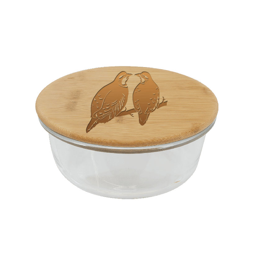 Personalized glass and bamboo bird design food storage container. Bird Gift