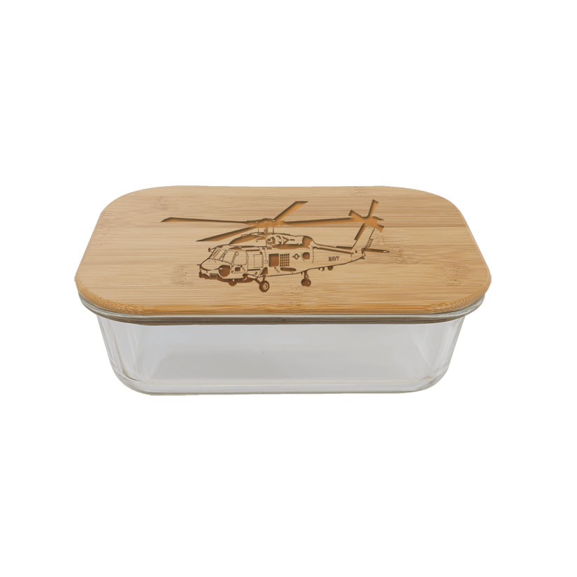 Personalized glass and bamboo helicopter design food storage container. Helicopter Food Container