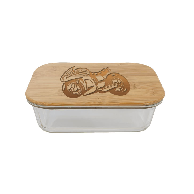 Personalized glass and bamboo medical design food storage container. Motorcycle Food Container