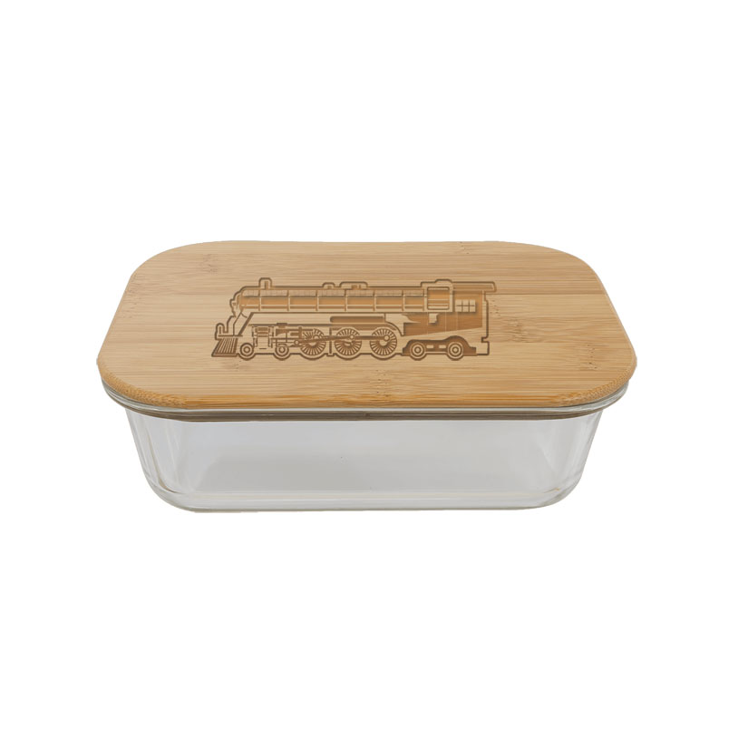 Personalized glass and bamboo train design food storage container. Train Food Container