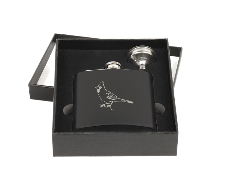 Personalized flask and funnel gift set with custom engraved bird design and text. Bird Flask Set