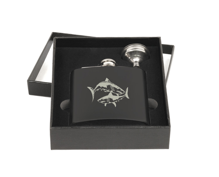 Flask & Funnel Gift Set - Marine Life Designs Personalized flask and funnel gift set with custom engraved marine life design and text. Marine Life Flask Set