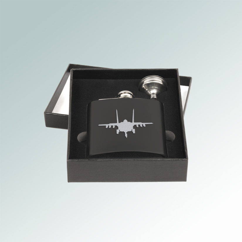Personalized helicopter flask and funnel gift set with custom engraved helicopter design and text. 50+ helicopter designs to choose from.