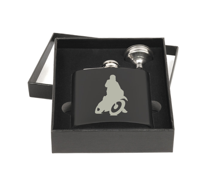 Personalized flask and funnel gift set with custom engraved motorcycle design and text. Motorcycle Flask Set