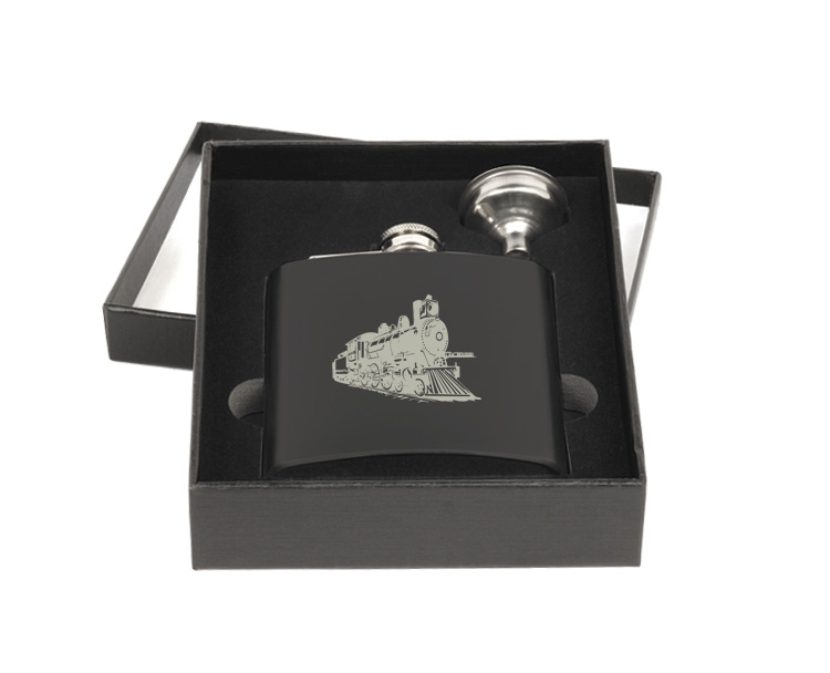 Personalized flask and funnel gift set with custom engraved train design and text. Train Flask Set