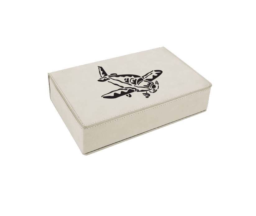 Personalized leatherette flask gift set with airplane design and custom engraved text. Airplane Flask Set
