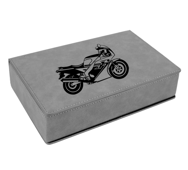 Personalized leatherette flask gift set with motorcycle design and custom engraved text. Motorcycle Flask Set