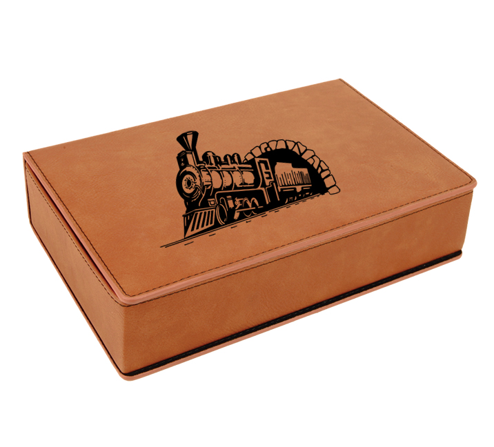 Personalized leatherette flask gift set with train design and custom engraved text. Train Flask Set