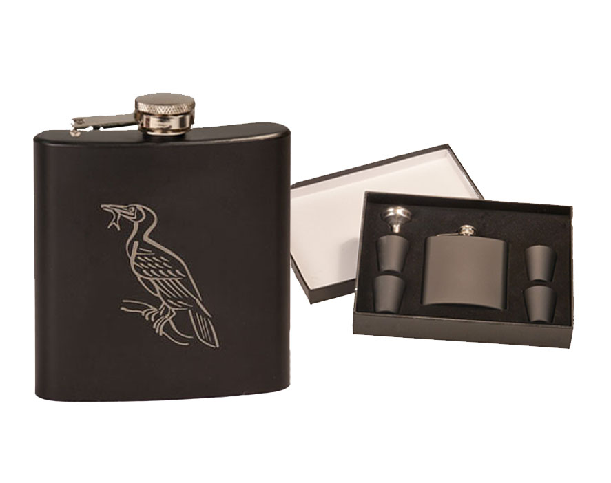 Custom engraved stainless steel flask gift set with your choice of bird design and personalized text. Bird Flask Set