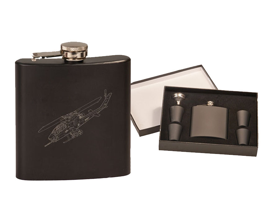 Flask & Shot Glasses Gift Set - Helicopter Designs Custom engraved stainless steel flask gift set with your choice of helicopter design and personalized text. Helicopter Flask Set