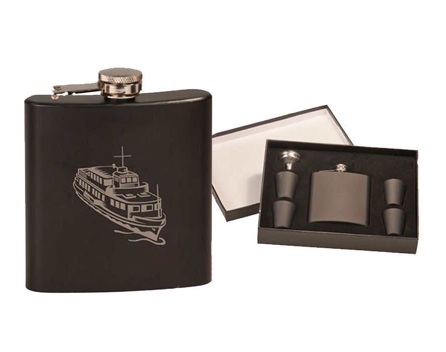 Custom engraved stainless steel flask gift set with your choice of boat design and personalized text. Boat Flask Set