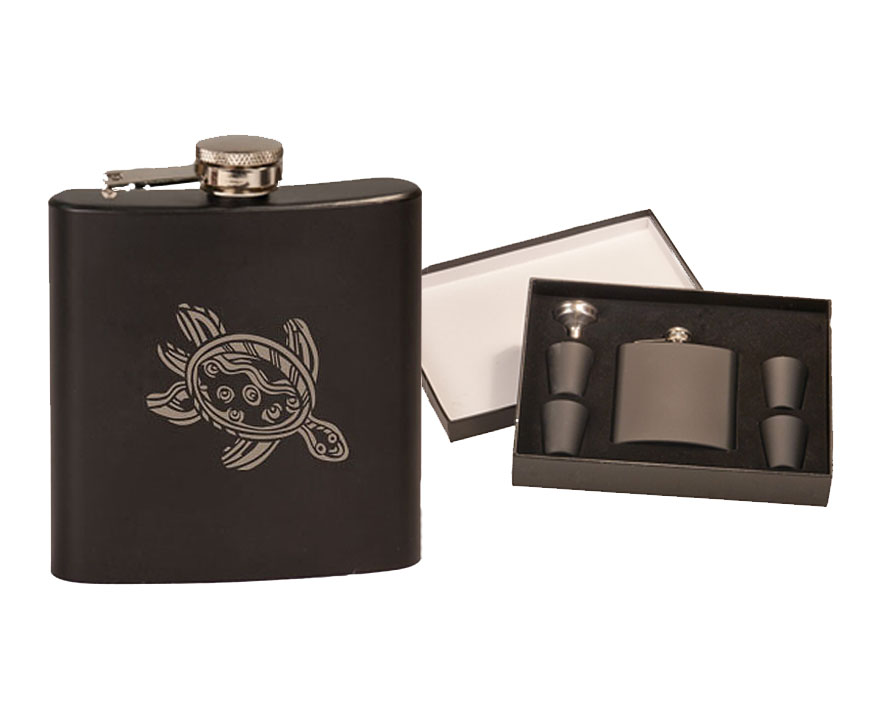 Flask & Shot Glasses Gift Set - Marine Life Designs Stainless steel flask gift set with you choice of marine life design and personalized text. Marine Flask Set