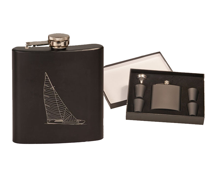 Flask & Shot Glasses Gift Set - Sailboat Designs Stainless steel flask gift set with you choice of sailboat design and personalized text. Sailboat Flask Set