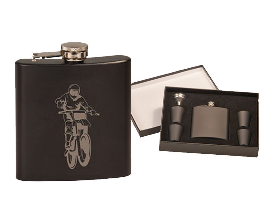 Custom engraved stainless steel flask gift set with your choice of motorcycle design and personalized text. Motorcycle Flask Set