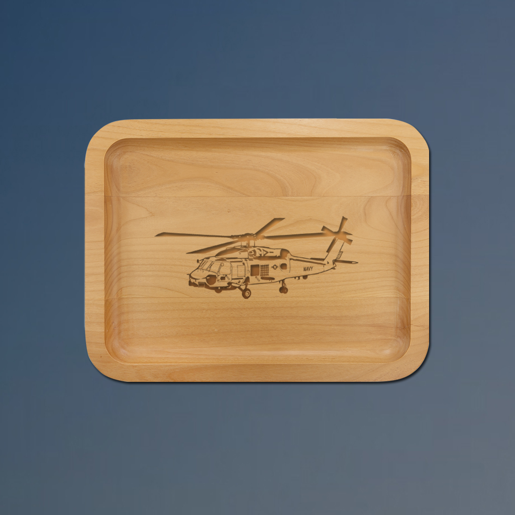Alder wood helicopter tray with your choice of helicopter design and personalized text. 50+ helicopter designs to choose from.