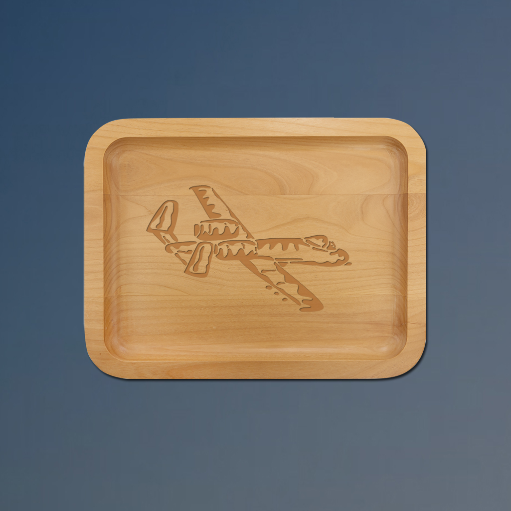 Alder wood military aircraft tray with your choice of military aircraft design and personalized text. 55+ military aircraft designs to choose from.