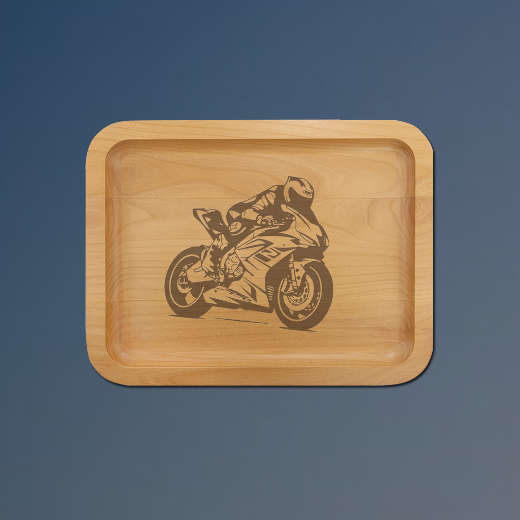 Alder wood motorcycle tray with your choice of motorcycle design and personalized text. 40+ motorcycle designs to choose from.