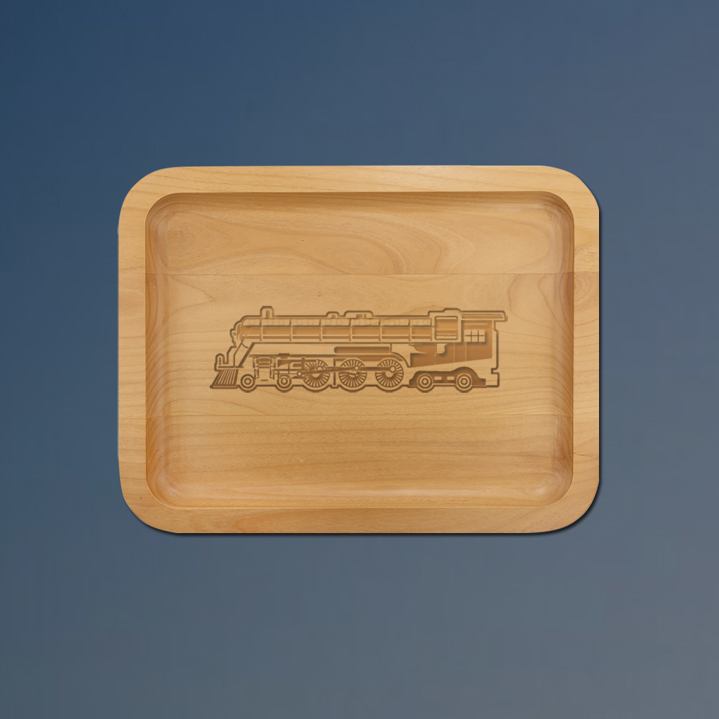 Alder wood train tray with your choice of train design and personalized text. 85+ train designs to choose from.