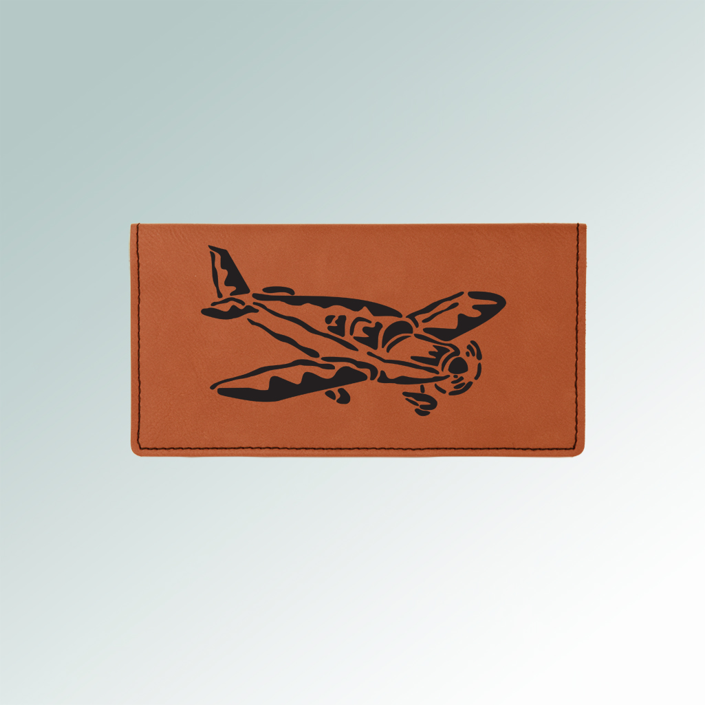 Personalized leatherette checkbook with custom engraved airplane design and text. 85+ airplane designs to choose from.