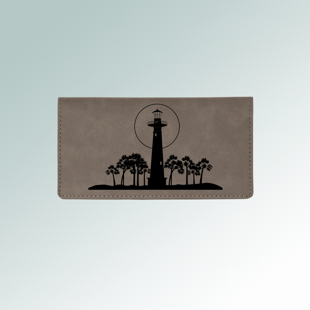 Personalized leatherette lighthouse checkbook with custom engraved lighthouse design and text. 85+ lighthouse designs to choose from.