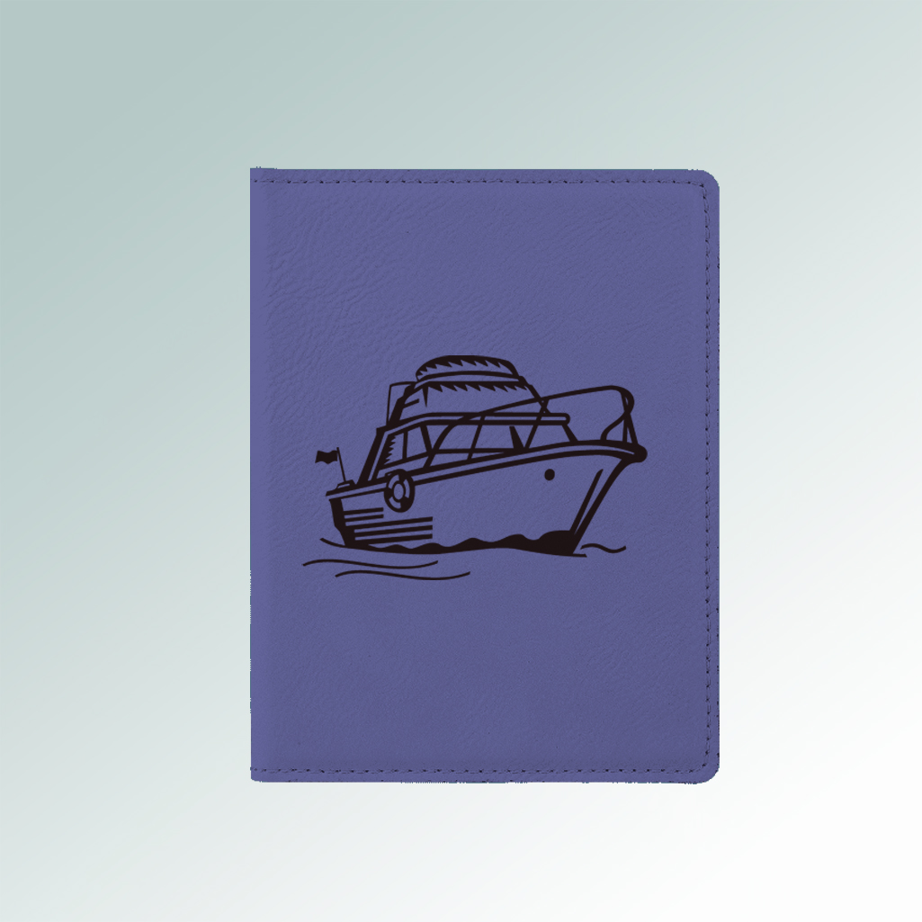 Personalized leatherette boat passport cover with custom engraved boat design and text. 50+ boat designs to choose from.