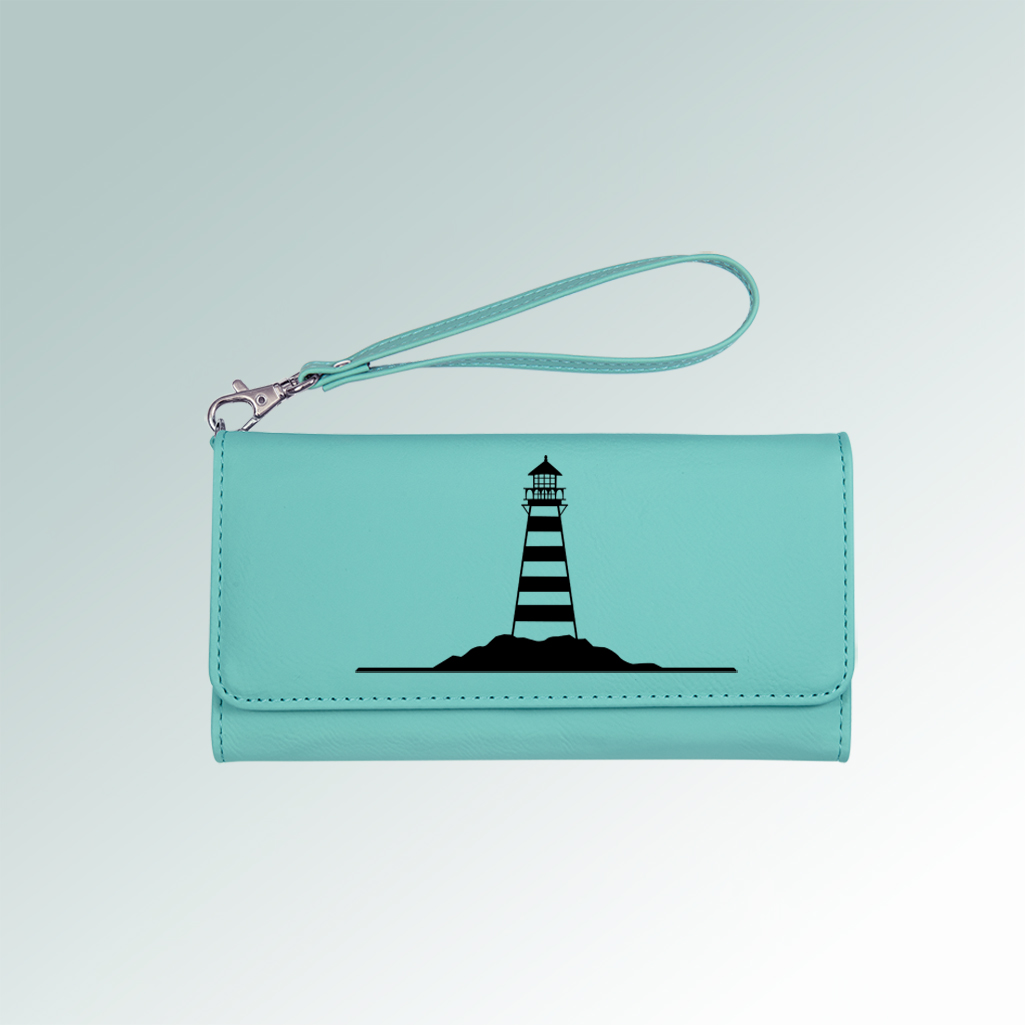 Personalized leatherette lighthouse wallet with a removable wrist strap. Comes with your choice of nautical design. 85+ lighthouse designs to choose from.