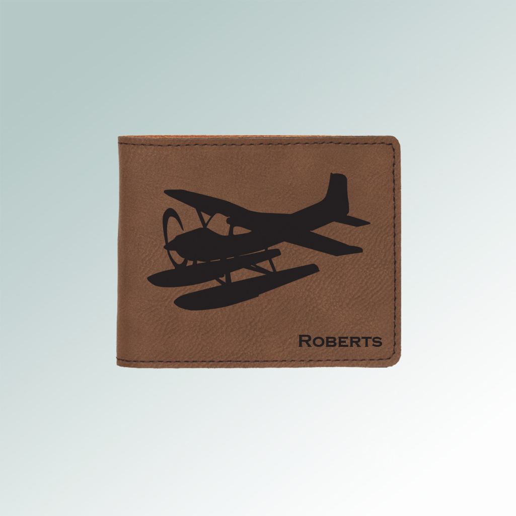 Personalized leatherette helicopter airplane wallet with an engraved helicopter design and text. 85+ airplane designs to choose from.