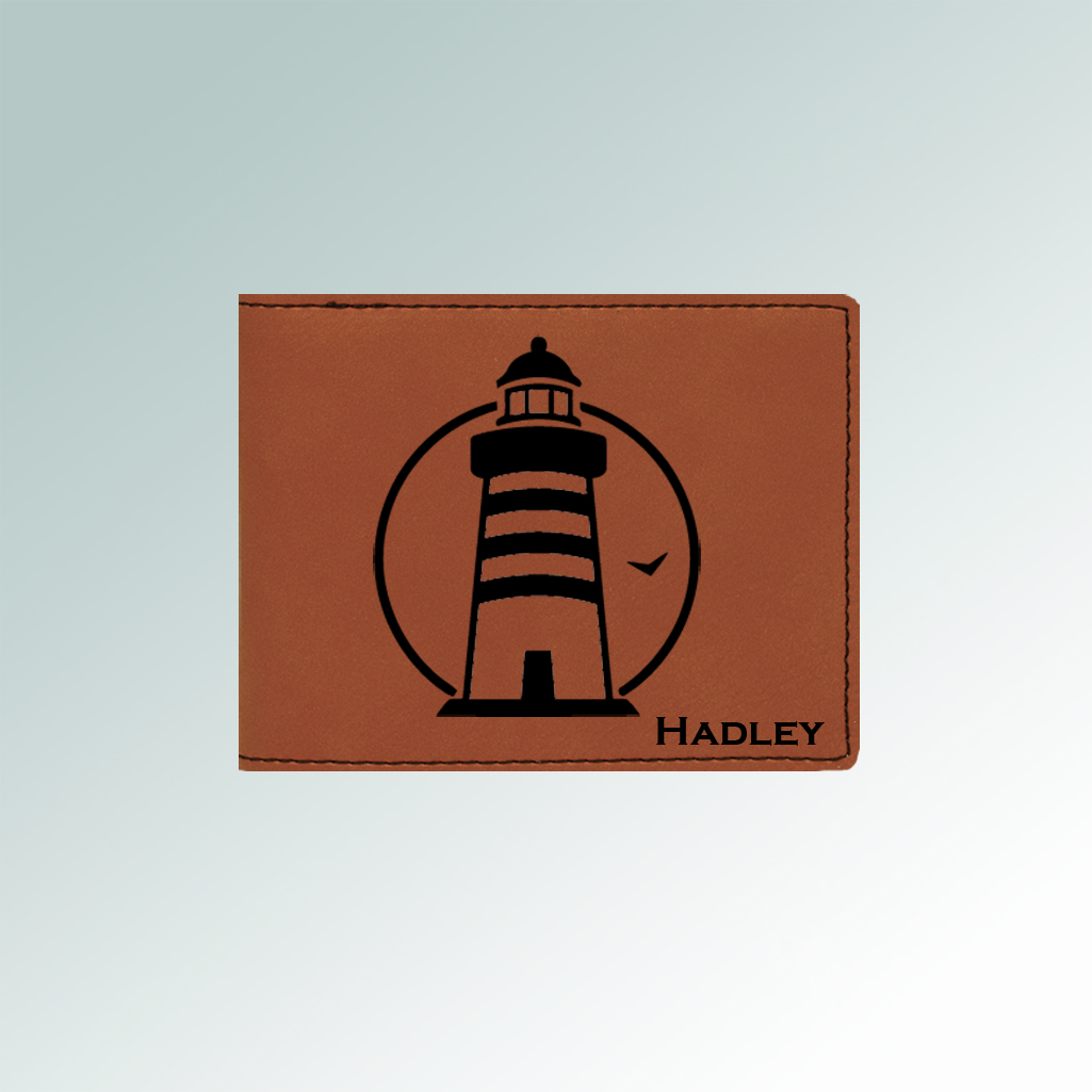 Personalized leatherette lighthouse wallet with custom engraved lighthouse design and text. 85+ lighthouse designs to choose from.