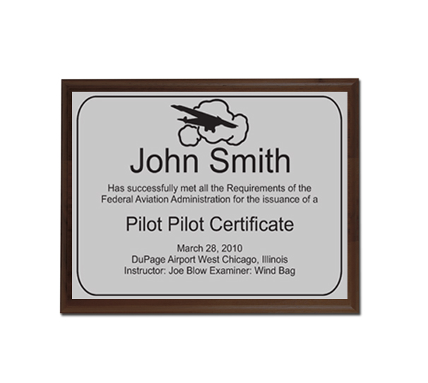 Pilot Certificate Walnut Plaque & Plate You Passed Your Checkride! Recognize the occasion with one of our aviation pilot plaques.