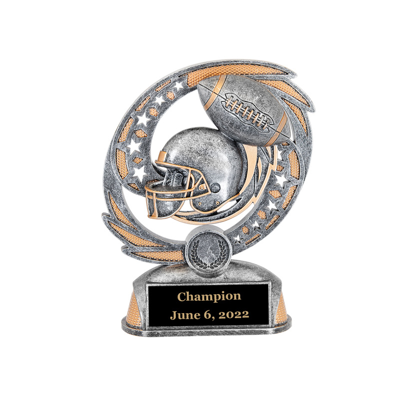 Custom engraved football hurricane award trophy with your choice of personalized text. Football Trophy