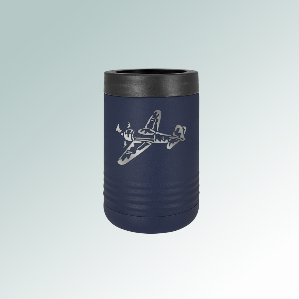 Custom engraved stainless steel insulated airplane beverage holder with personalized text and airplane design. 85+ airplane designs to choose from.