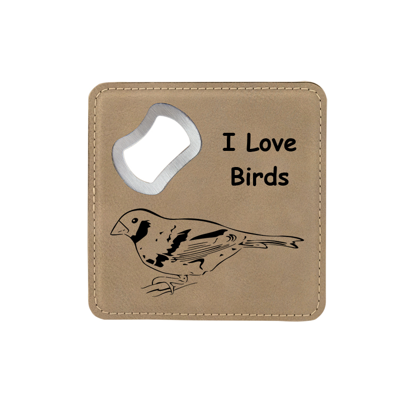 Leatherette bottle opener coaster with the custom engraved bird design of your choice and personalized text. Bird Bottle Opener
