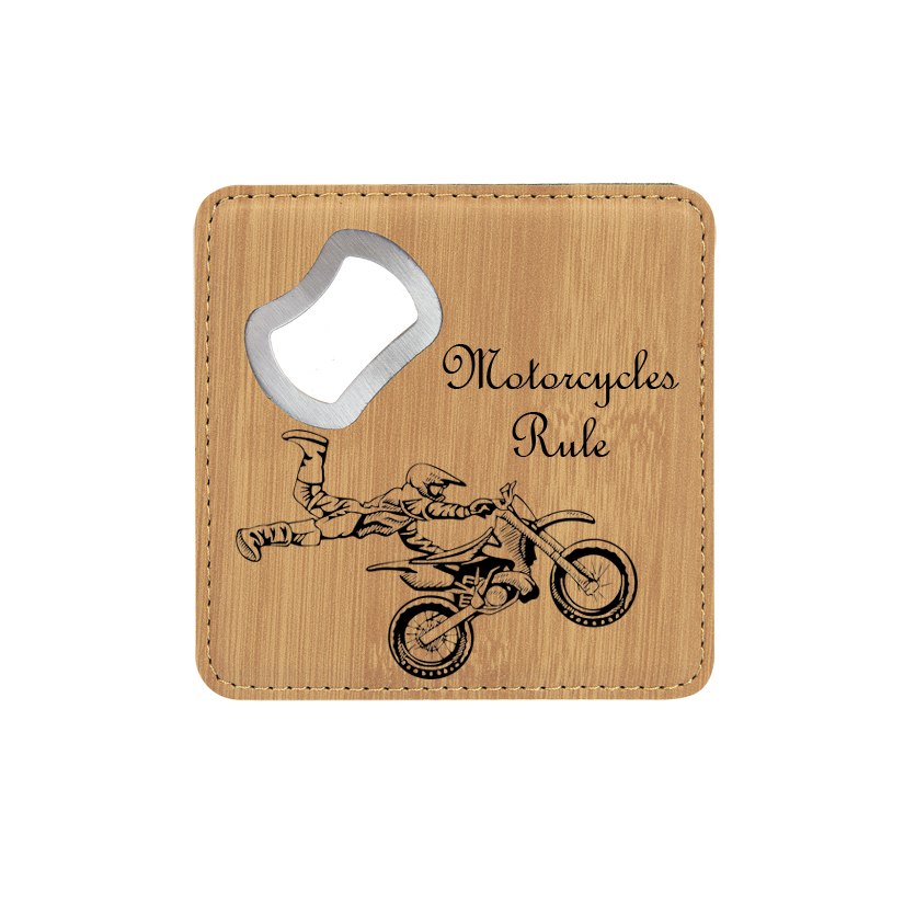 Leatherette bottle opener coaster with the custom engraved motorcycle design of your choice and personalized text. Motorcycle Gift
