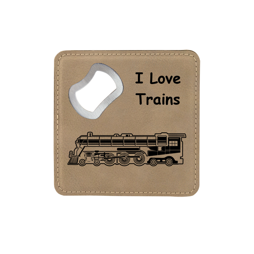 Leatherette bottle opener coaster with the custom engraved train design of your choice and personalized text. Train Gift