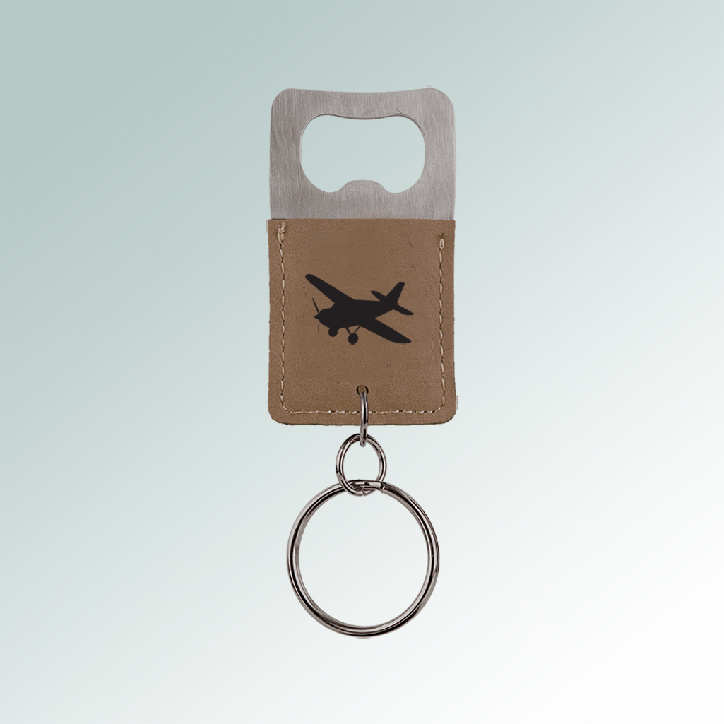 Custom leatherette bottle opener key chain with engraved airplane design and text. 85+ airplane designs to choose from.