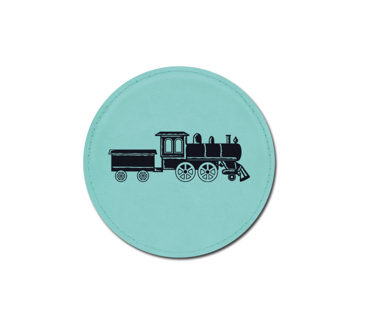 Personalized train design leatherette coaster with custom engraved text. Train Coasters