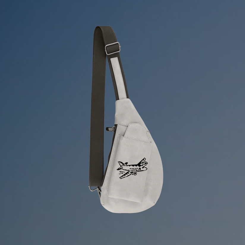 Personalized crescent crossbody bag with your choice of airplane design and custom engraved text.