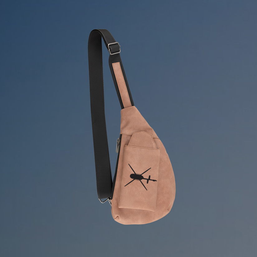 Personalized crescent helicopter crossbody bag with your choice of airplane design and custom engraved text.