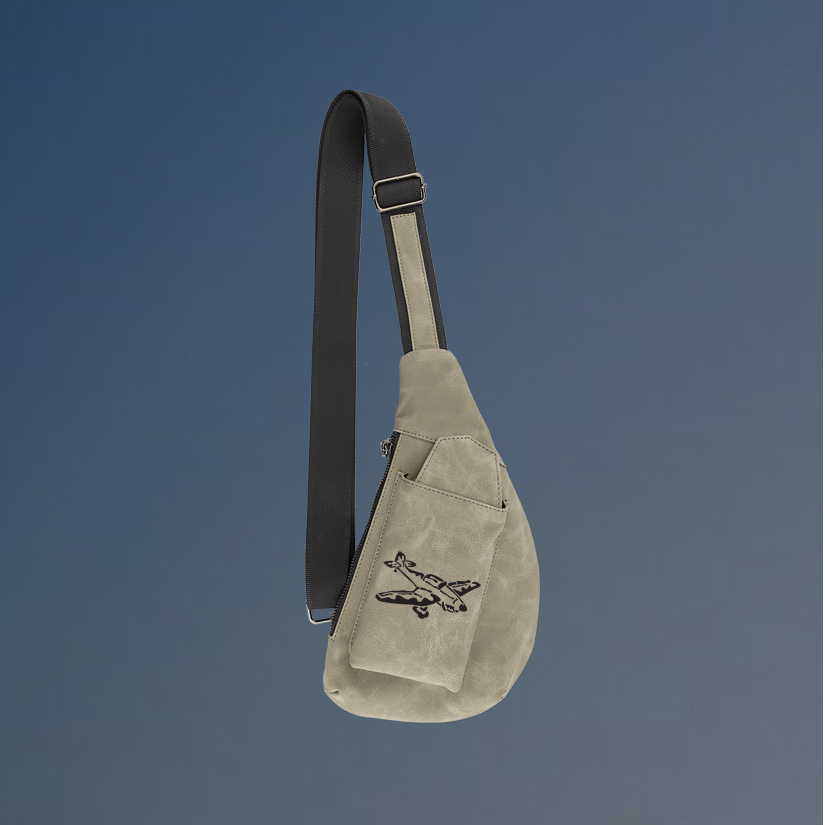 Personalized crescent crossbody bag with your choice of military aircraft design and custom engraved text.