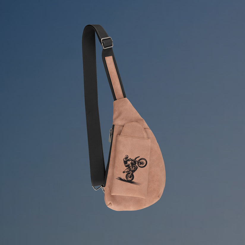 Personalized crescent crossbody bag with your choice of motorcycle design and custom engraved text.