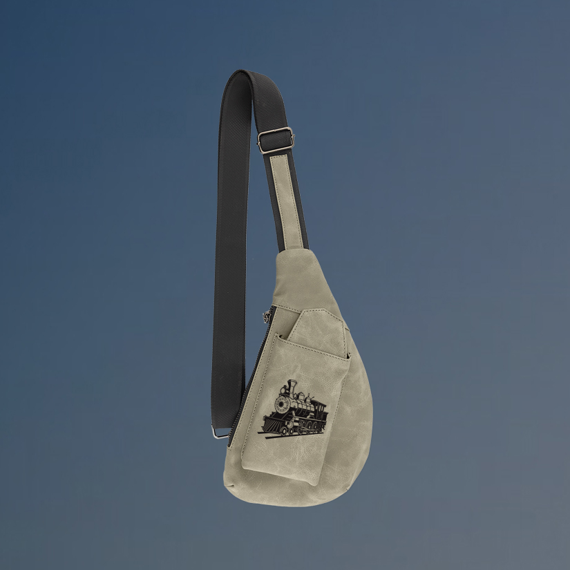 Personalized crescent train crossbody bag with your choice of train design and custom engraved text.