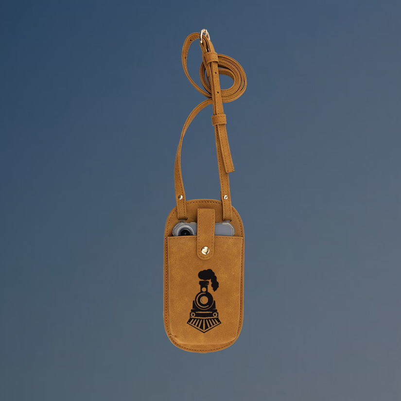 Custom engraved essential train crossbody bag with your choice of train design and personalized text.