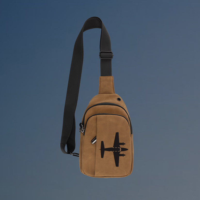 Custom engraved explorer airplane crossbody bag with your choice of airplane design and personalized text.