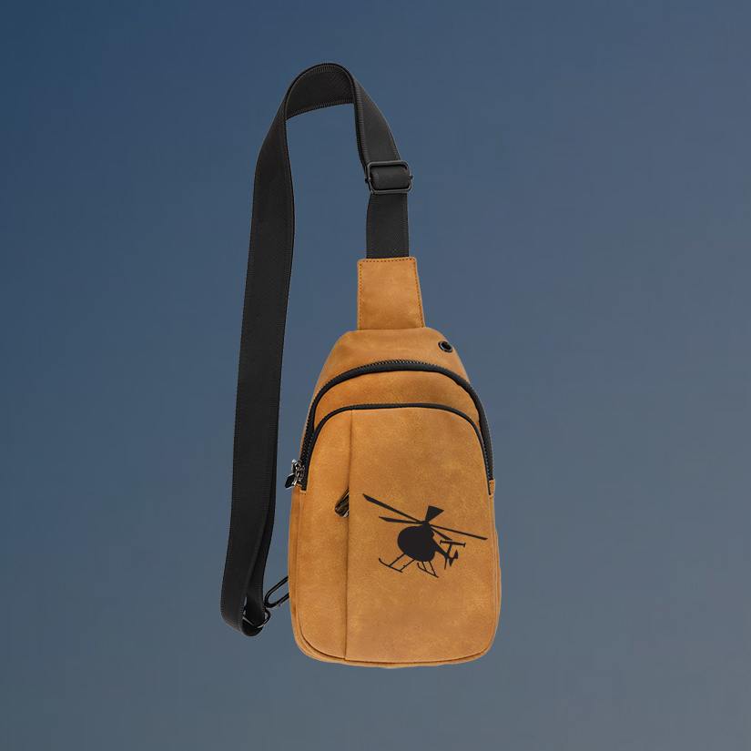 Custom engraved explorer helicopter crossbody bag with your choice of helicopter design and personalized text.