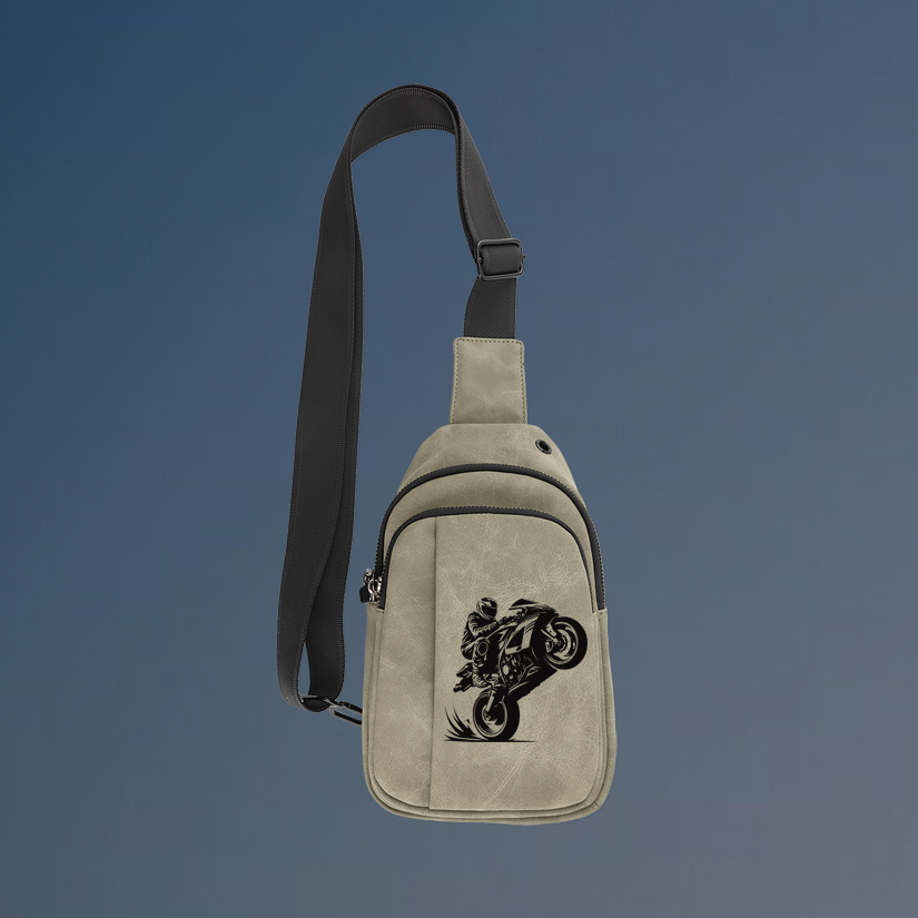 Custom engraved explorer motorcycle crossbody bag with your choice of motorcycle design and personalized text.